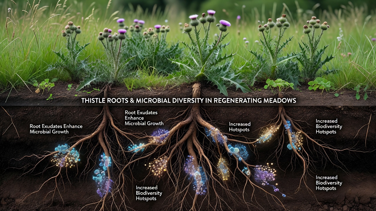 Soil core samples illustrating microbial activity zones around thistle roots in restored meadow environments